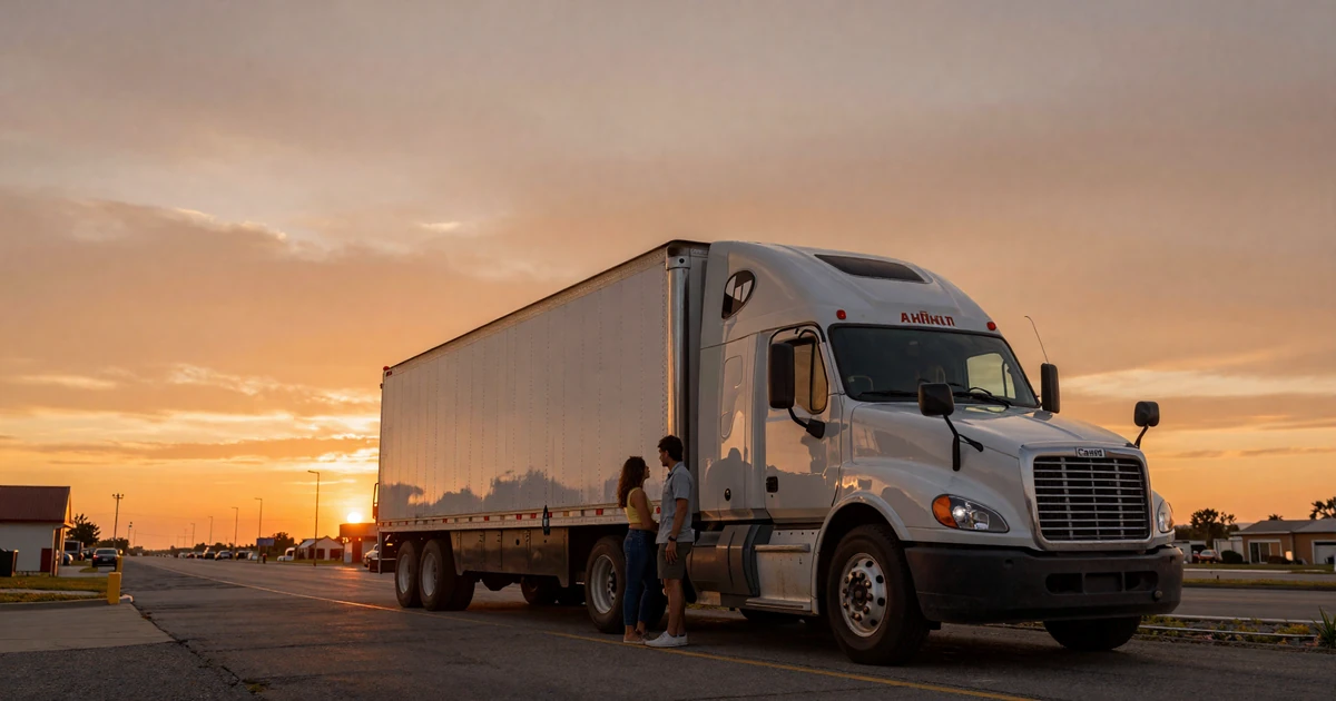A couple standing together by a semi-truck at a quiet truck stop at sunset, representing life on the road and dating