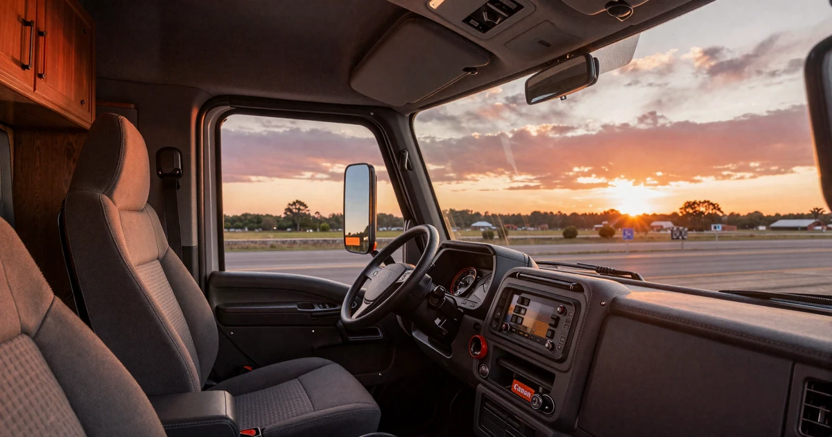 Interior of a modern semi-truck cab at sunset, representing online dating tips for truck drivers
