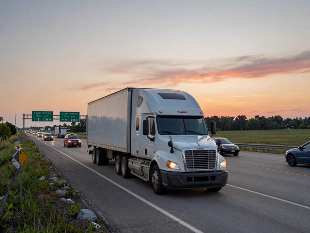 Semi-truck navigating a busy Illinois interchange at dusk, representing the Chicago transportation hub trucker lifestyle