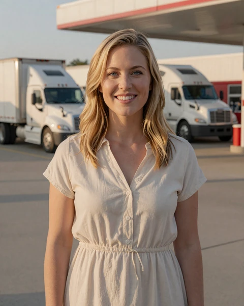 Brandi, a 31-year-old blonde woman in a casual dress at a Dallas truck stop, seeking trucker dating in Texas