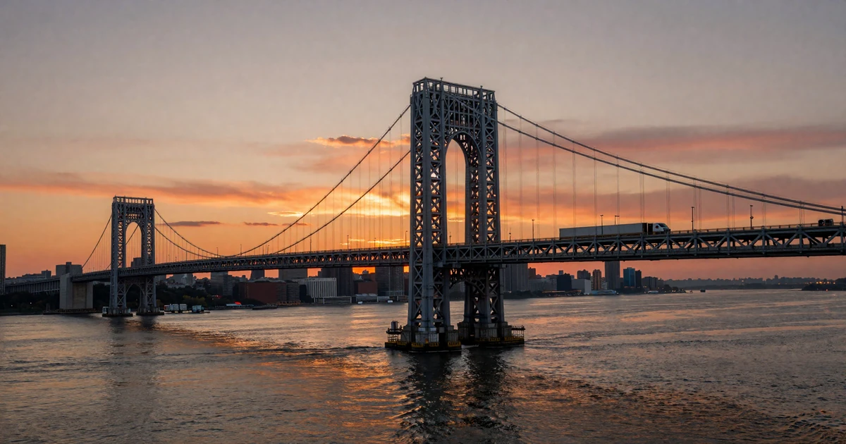 George Washington Bridge at dusk with a semi truck crossing, New York trucker dating scene