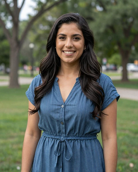 Gabriela, a 32-year-old Latina woman in a casual dress at a Naperville park, seeking trucker dating in Illinois