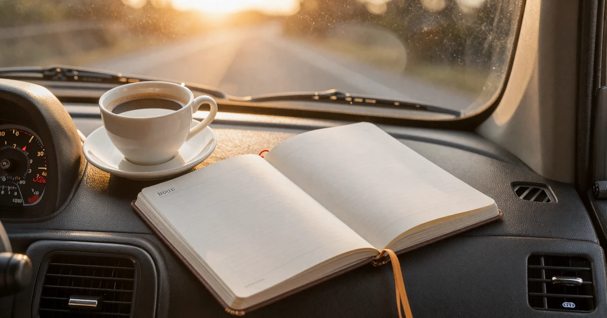 Coffee and a planner on a truck dashboard at sunrise, symbolizing the challenge of balancing trucking schedules with relationships