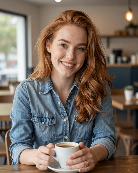 Amber, a 28-year-old redhead in a denim shirt at a Springdale cafe, looking for Arkansas trucker dating
