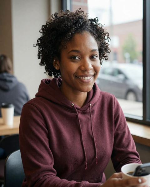 Aaliyah, a 26-year-old Black woman in a burgundy hoodie at a Des Moines cafe, looking for trucker dating in Iowa