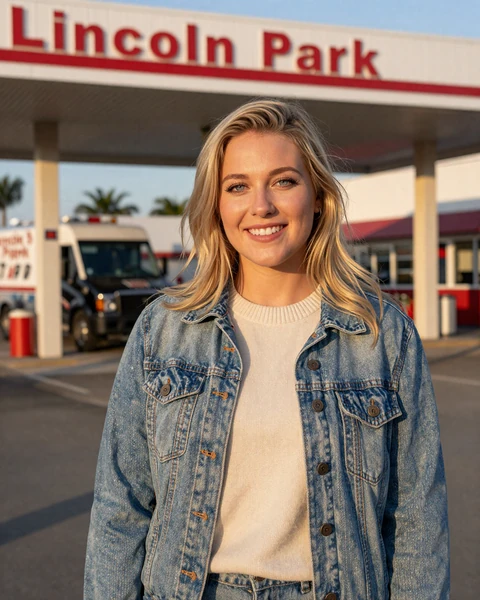Ashley, a 26-year-old blonde woman in a denim jacket at a Lincoln Park truck stop, interested in trucker dating in Chicago