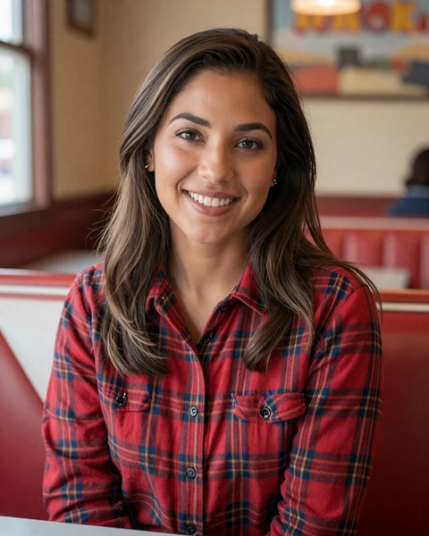 Rachel, a 30-year-old brunette in a red flannel at a Little Rock diner, looking for trucker dating in Arkansas