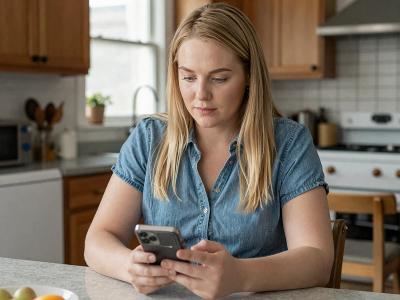A woman in a casual dress reading a phone at a kitchen table, representing family roles when married to a truck driver