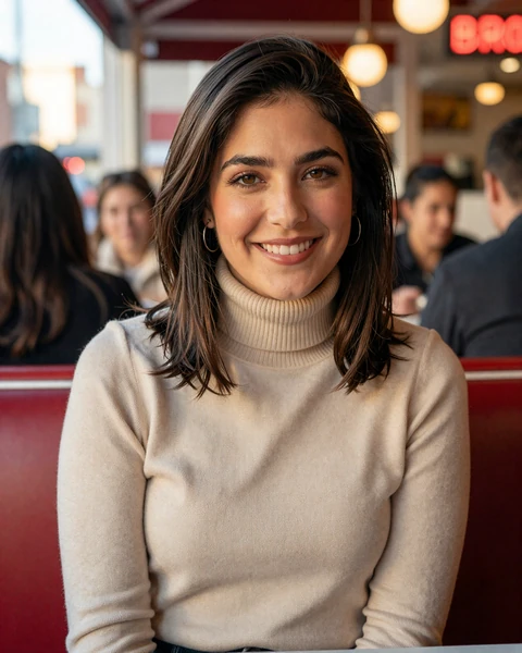 Marisol, a 33-year-old Italian woman in a turtleneck at a Manhattan diner, looking for trucker dating in New York