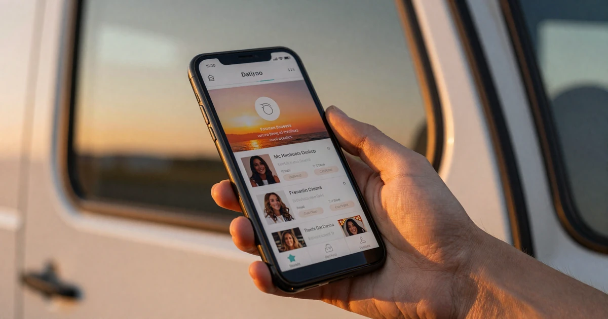 Smartphone displaying a trucker dating app held near a truck window at sunset, representing the best dating apps for CDL drivers