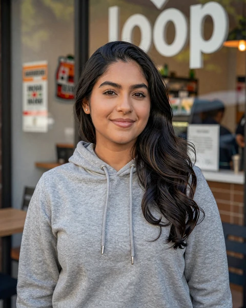 Gabriela, a 33-year-old Latina woman in a hoodie at a Loop cafe, looking for trucker dating in Chicago