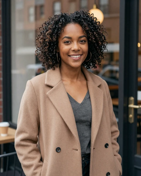 Tiana, a 25-year-old Black woman in a stylish coat at a Brooklyn coffee shop, seeking trucker dating in New York