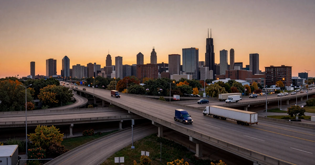 Chicago downtown highway at sunset with skyline for trucker dating Chicago