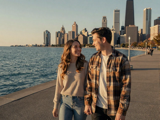 Couple smiling at a Chicago lakefront rest area, representing trucker dating success in the Midwest