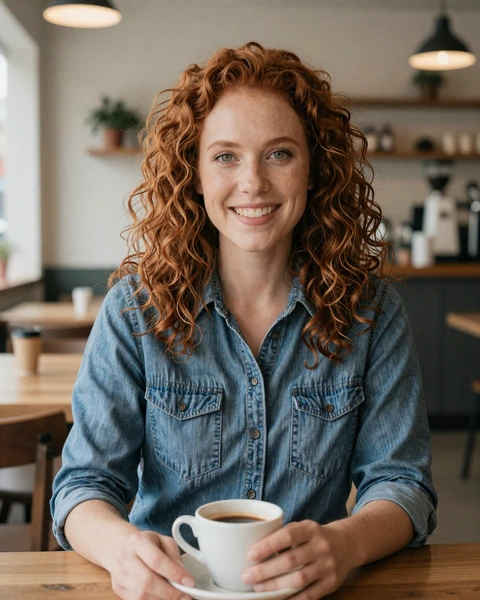 Megan, a 31-year-old redhead in a denim shirt at a Toledo cafe, looking for Ohio trucker dating