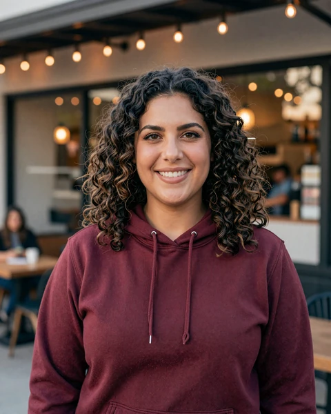 Daniela, a 35-year-old Latina woman in a hoodie at an Austin cafe, looking for trucker dating in Texas