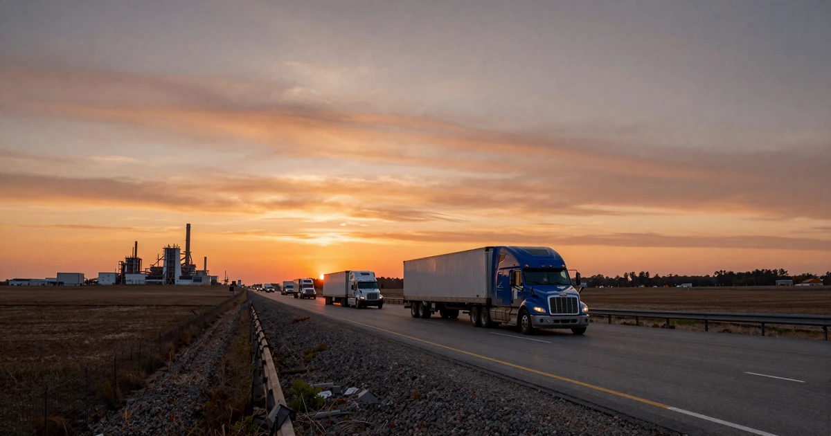 Ohio industrial highway at sunset with semi trucks on Interstate 70, representing trucker dating Ohio in the industrial heartland