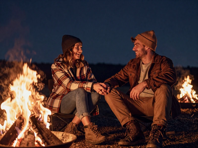 A couple holding hands at a campfire, representing a successful trucker dating relationship