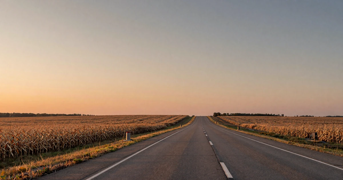 Iowa I-80 highway at dusk with warm sunset over cornfields, representing trucker dating in the Hawkeye State