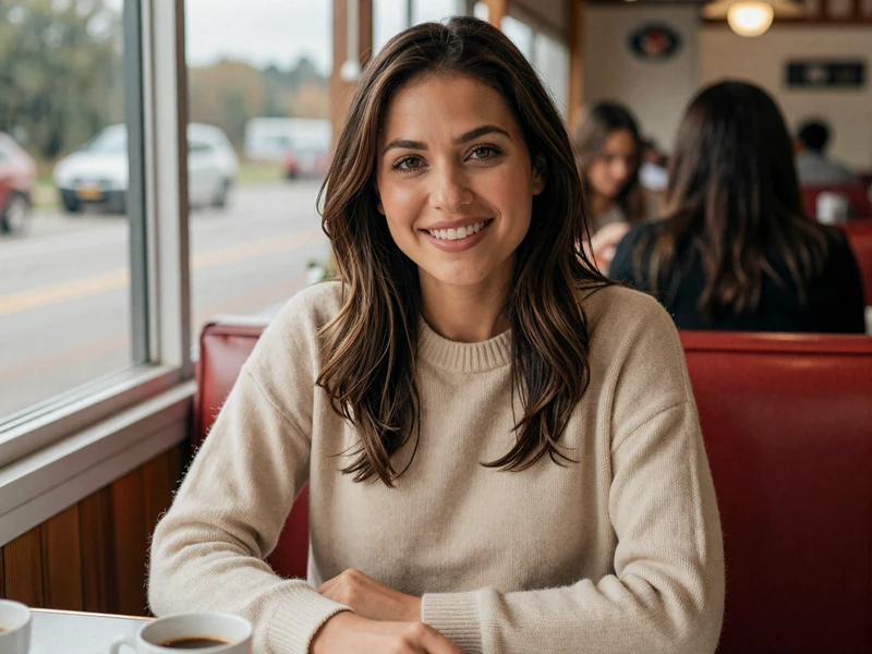 A woman in a sweater smiling warmly at a roadside diner, representing the partner's perspective in trucker dating