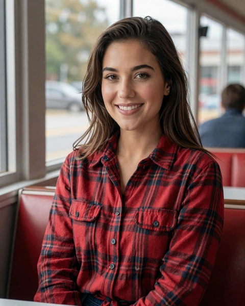 Kayla, a 30-year-old brunette in a red flannel at a Pittsburgh diner, looking for trucker dating in Pennsylvania