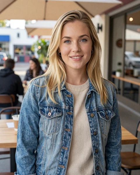 Brianna, a 29-year-old blonde woman in a denim jacket at a Silver Lake cafe, seeking trucker dating in Los Angeles