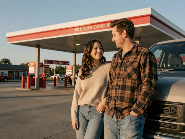 Happy couple at an Ohio rest area, representing trucker dating success in the industrial heartland
