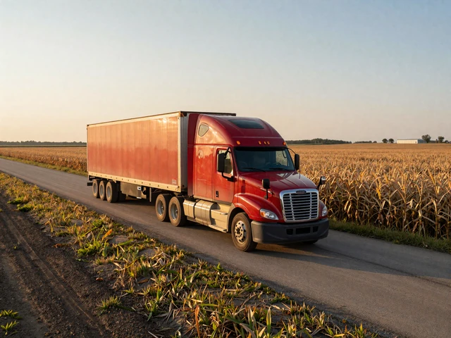 Semi-truck driving through Iowa farmland on I-80 at sunrise, representing the trucker lifestyle along Iowa freight corridors