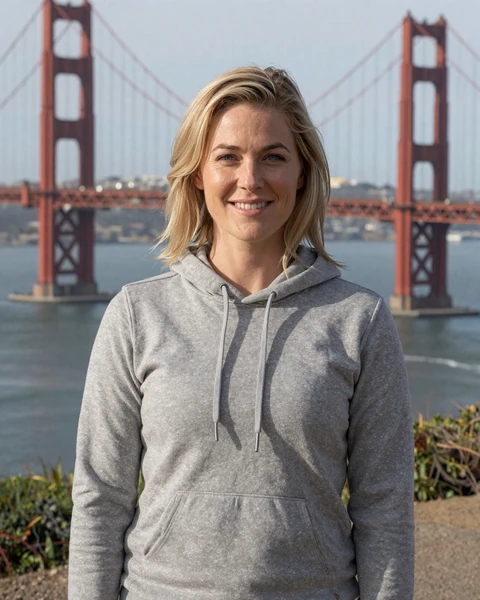Emily, a 32-year-old blonde woman in a gray hoodie at a San Francisco overlook, interested in dating truckers in Northern California
