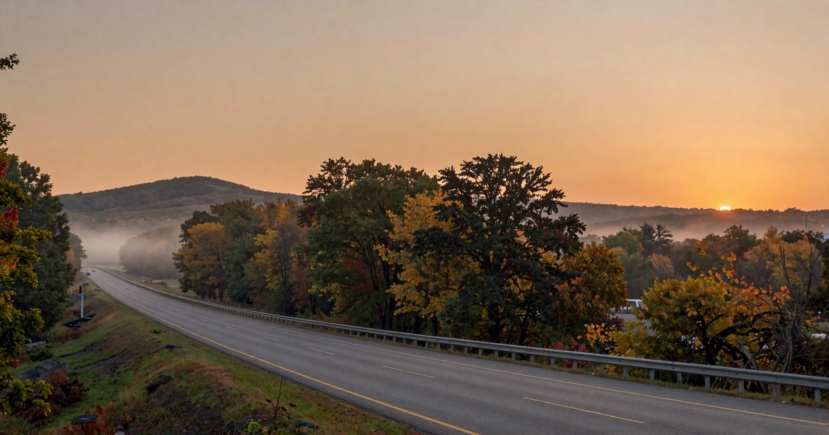 Wooded Pennsylvania turnpike at sunset with rolling hills, representing trucker dating Pennsylvania on eastern routes