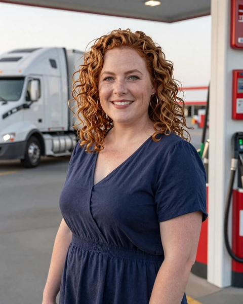 Rachel, a 35-year-old redhead in a casual dress at a truck stop, seeking a serious trucker dating relationship in Florida