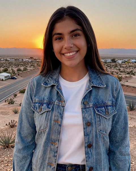 Sofia, a 26-year-old Latina in a denim jacket at a sunset overlook, looking for trucker dating and travel companionship