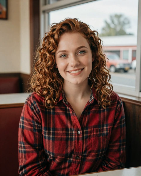 Kayla, a 27-year-old woman in a red flannel shirt at a Pennsylvania diner, seeking trucker dating in Pennsylvania