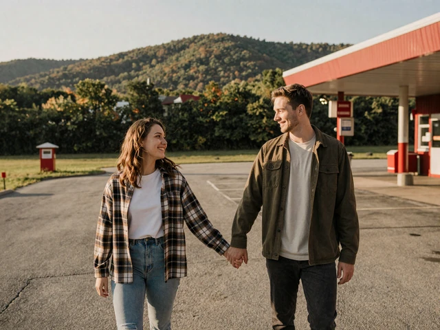 Couple holding hands at a Pennsylvania rest area, representing trucker dating success on eastern routes