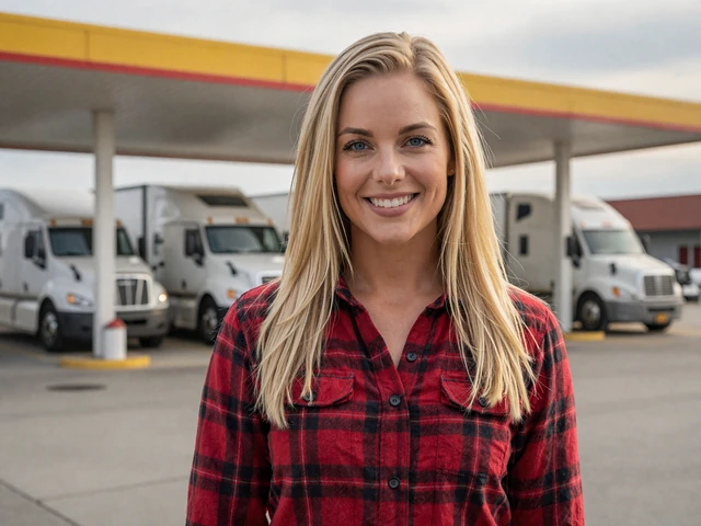 Lauren, a woman in a flannel shirt at a Canadian truck stop, representing RouteSingles global trucker dating community