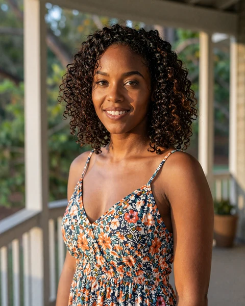 Tara, a 28-year-old Black woman in a floral dress on a southern porch, seeking trucker dating in Atlanta