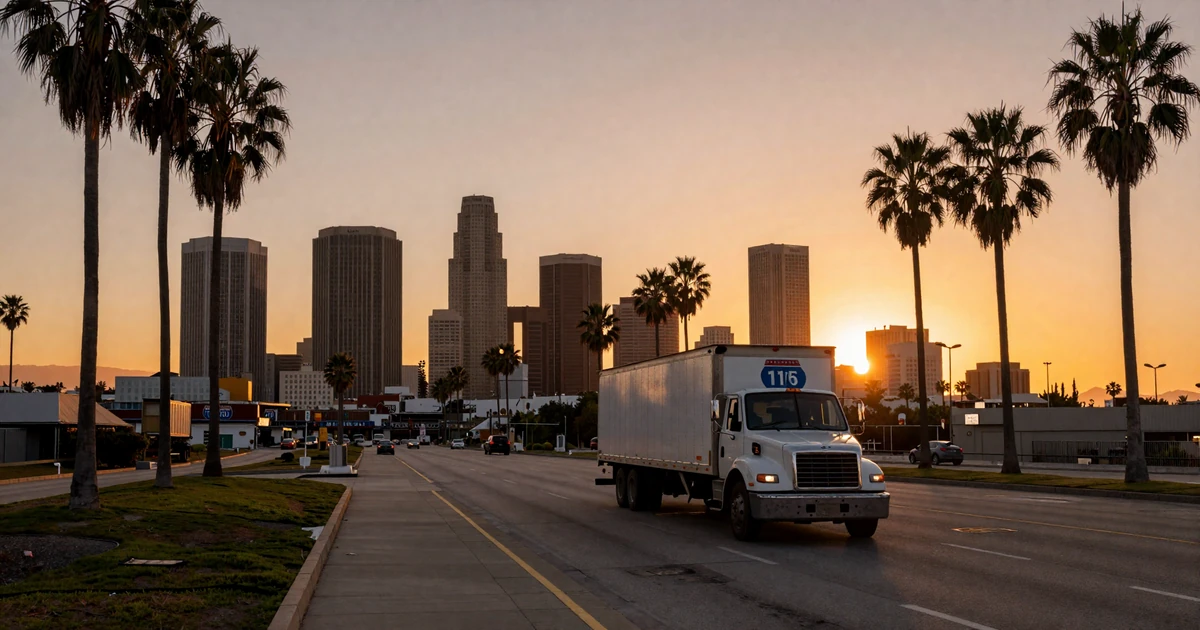 Los Angeles skyline at golden hour with palm trees and a freight truck on the 110 freeway for trucker dating Los Angeles