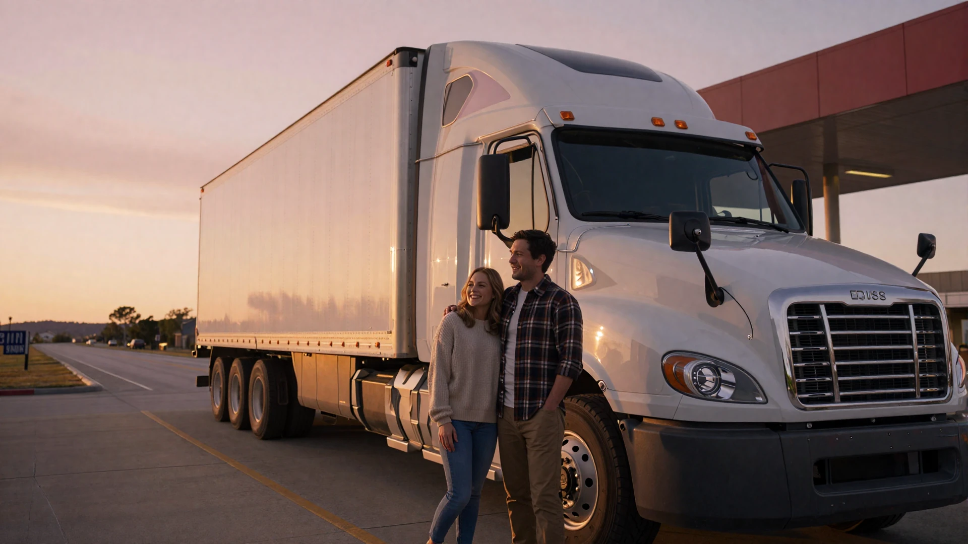 A couple standing together by a semi-truck at a rest stop at sunset, representing how to date a truck driver
