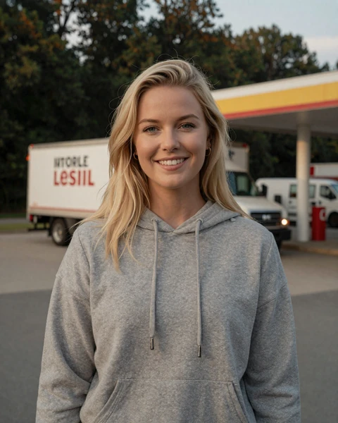 Hannah, a 26-year-old blonde woman in a gray hoodie at a Fayetteville truck stop, interested in dating truckers in Arkansas