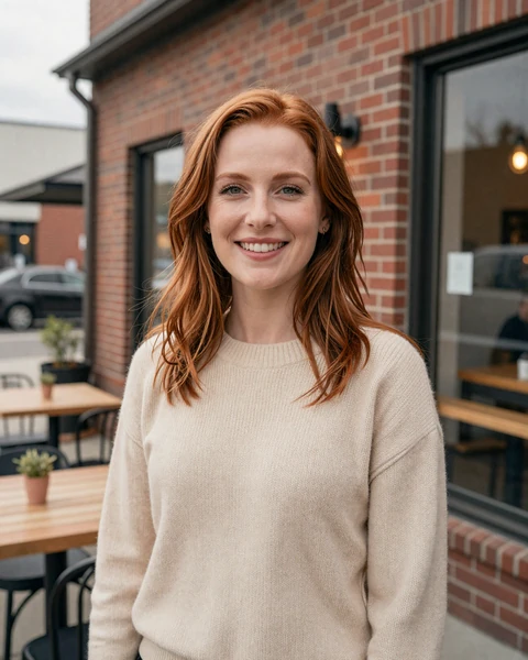 Megan, a 31-year-old redhead woman in a sweater at a Columbus cafe, looking for Georgia trucker dating