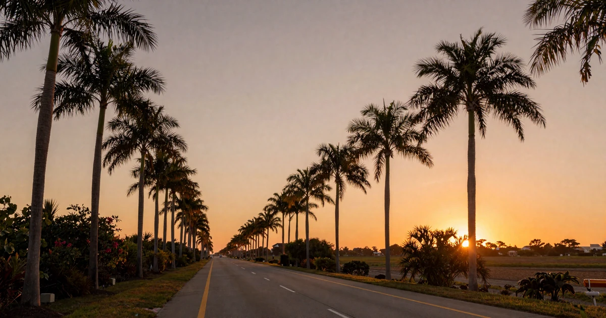 Florida highway lined with palm trees at sunset, representing trucker dating Florida on the I-95 and I-75 corridors