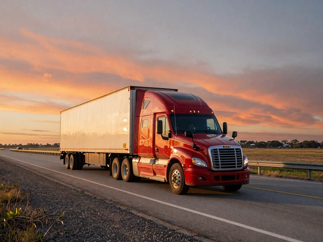 Modern semi truck on I-10 near Houston at sunrise, representing the trucker dating lifestyle on the Gulf Coast