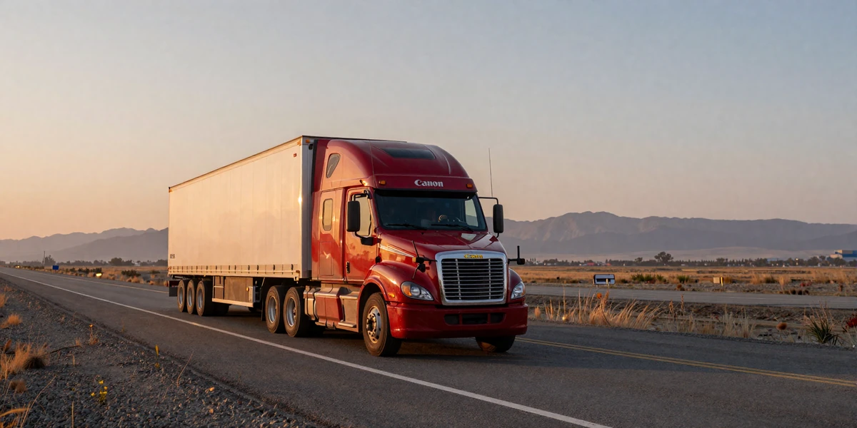 Semi-truck driving on an international highway at sunrise, representing RouteSingles global trucker dating presence