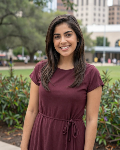 Gabriela, a 25-year-old Latina woman in a casual dress at a Downtown Houston park, seeking trucker dating in Texas