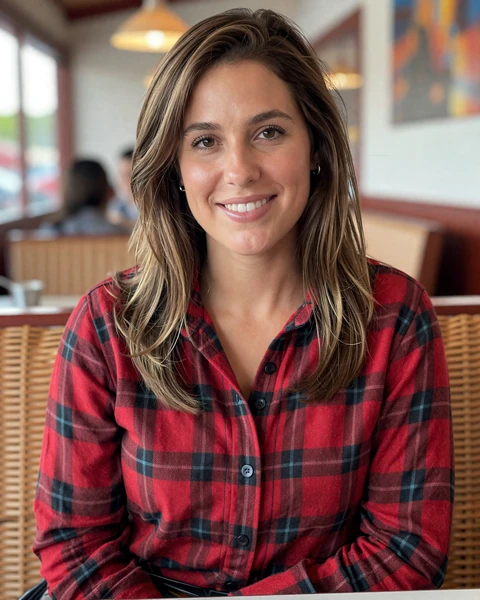 Jessica, a 30-year-old brunette woman in a flannel at a Wicker Park diner, seeking trucker dating in Chicago