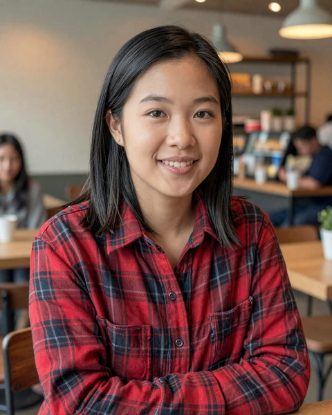 Mei, a 28-year-old Asian American woman in a red flannel shirt at a Peoria cafe, looking for Illinois trucker dating