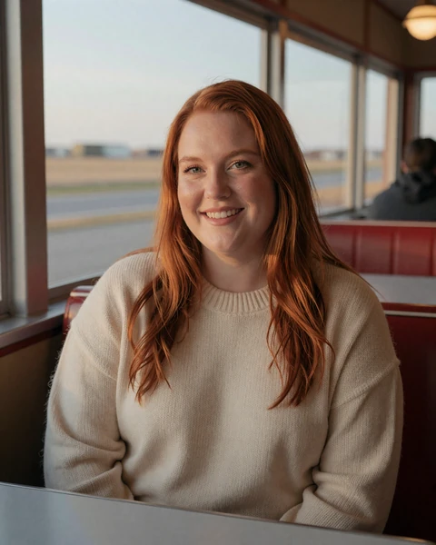 Savannah, a 35-year-old redhead in a warm sweater at a roadside diner, seeking trucker dating in Nebraska