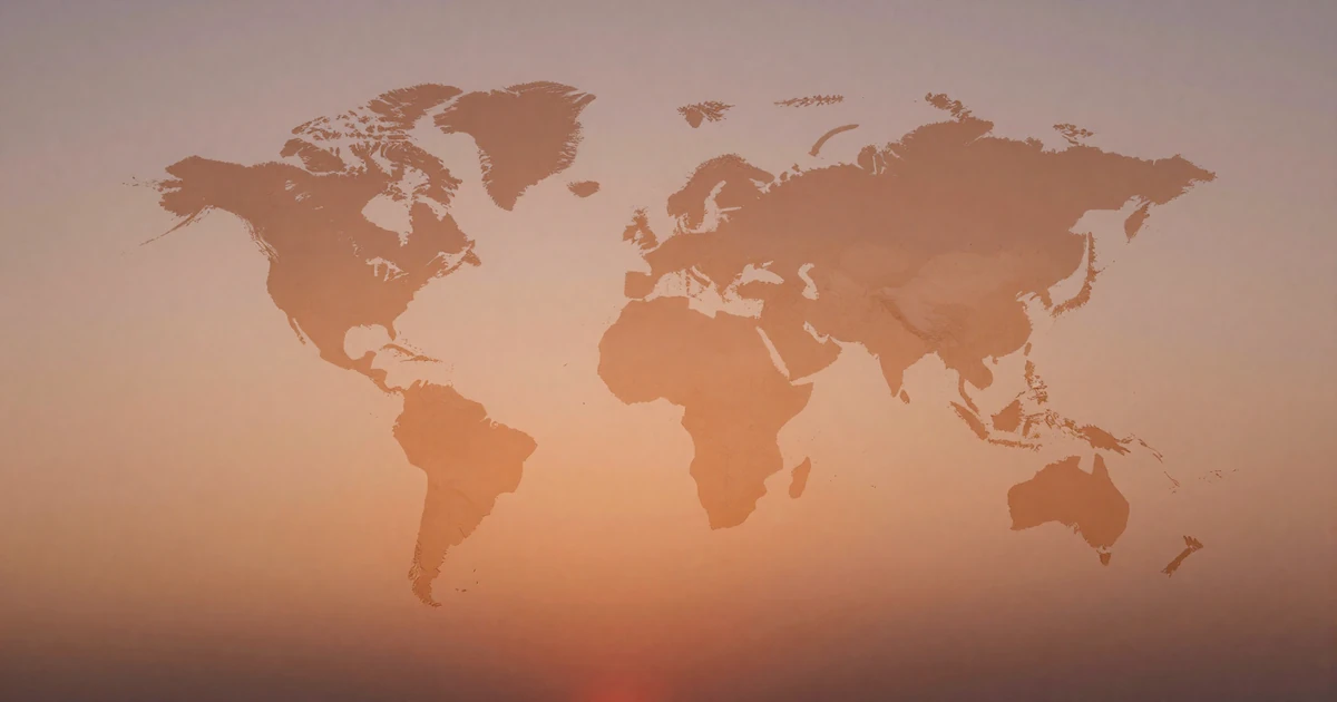 World map with warm sunset gradient overlay representing RouteSingles trucker dating global presence