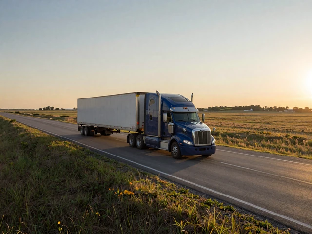 Semi-truck driving on I-80 through rural Nebraska at sunrise, representing the trucker lifestyle along the Great Plains corridor