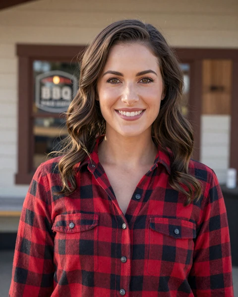 Megan, a 32-year-old brunette woman in a flannel shirt at a roadside BBQ joint, interested in trucker dating in Atlanta